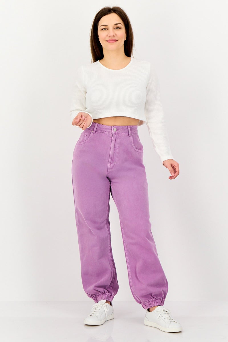 promod Women Regular Fit Washed Joggers Jeans, Lavender - Image 4